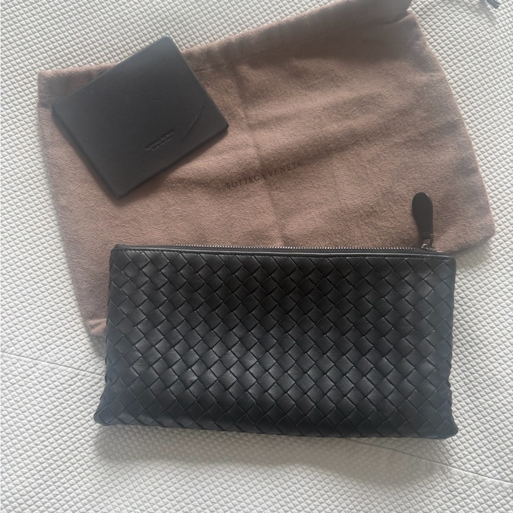 Bottega Veneta Black Leather clutch / makeup pouch with mirror